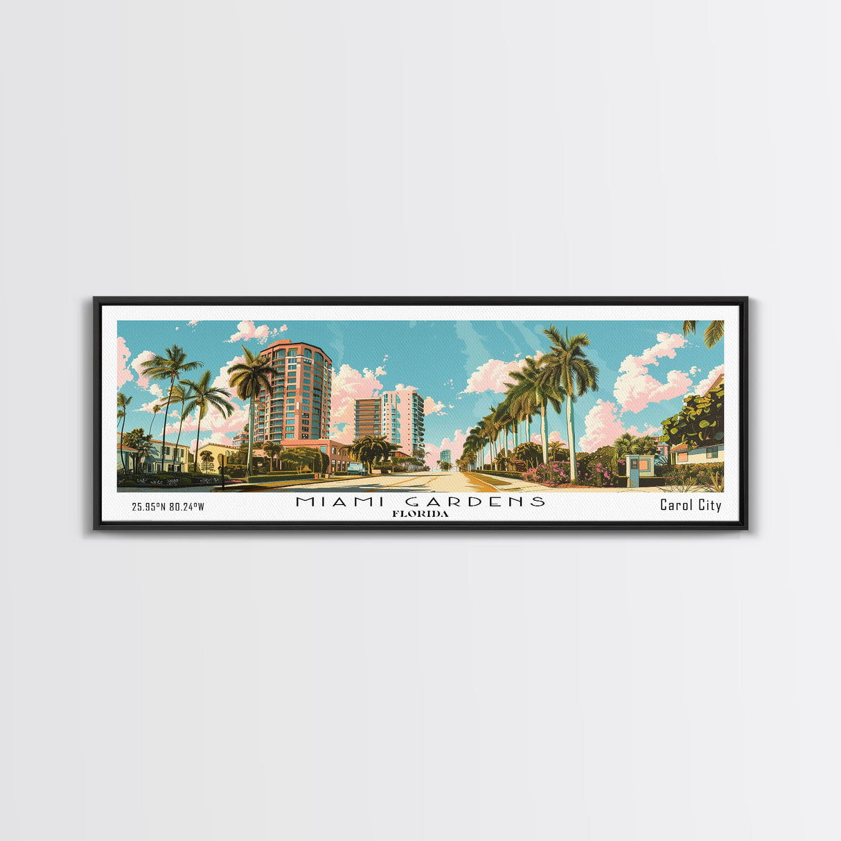 Miami Gardens Florida Panoramic Painting, Mid Century Modern Framed Canvas Print, Retro Pop Art Travel Poster, Home Wall Decor