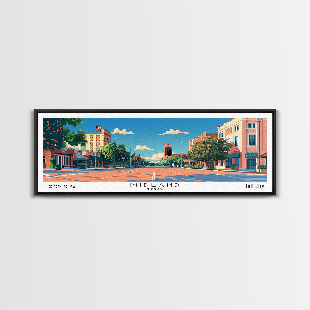 Midland Texas Panoramic Wall Art, Mid Century Modern Framed Canvas Print, Retro Pop Art Travel Poster, Living Room Art