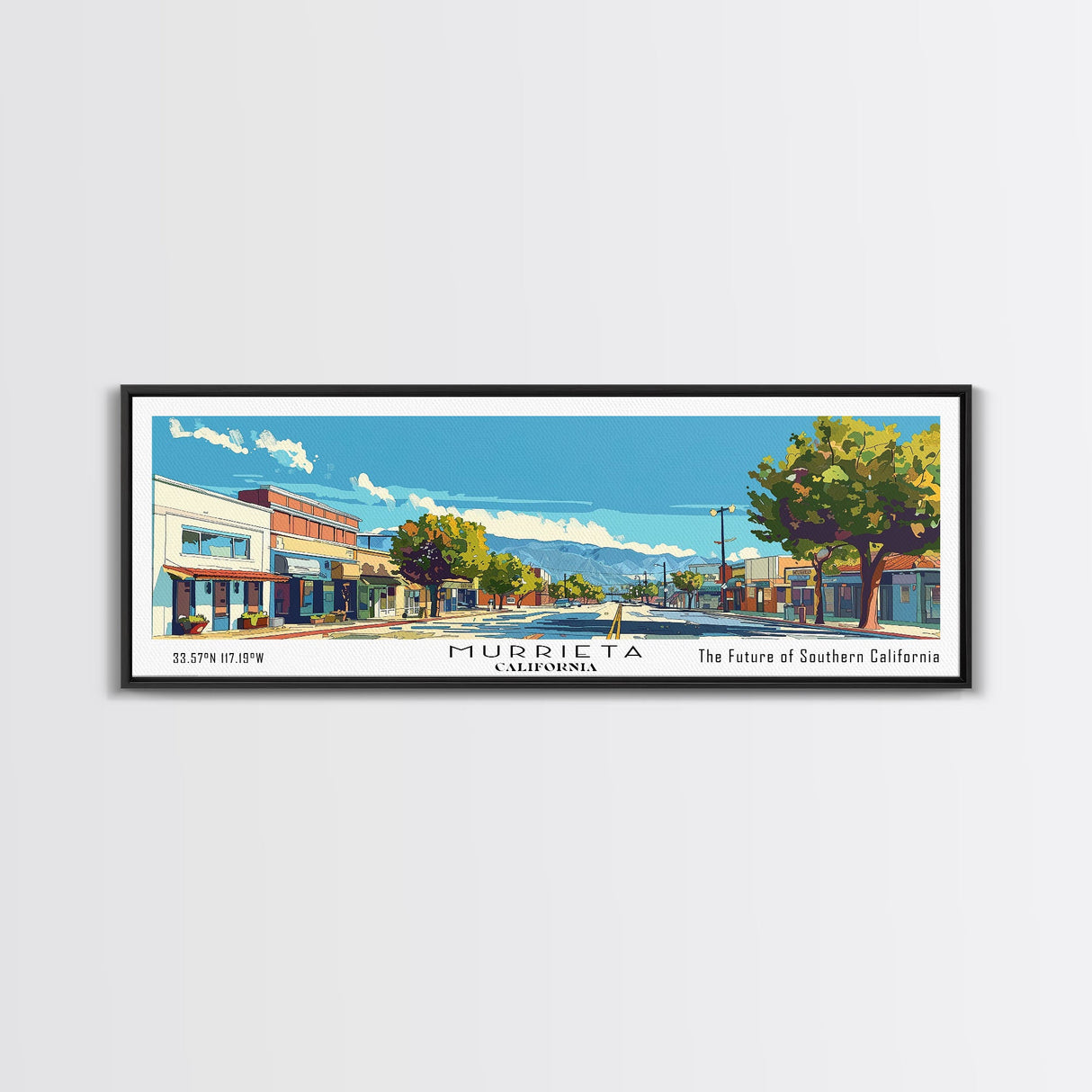 Murrieta California Panoramic Painting, Mid Century Modern Framed Canvas Print, Retro Pop Art Travel Poster, Living Room Decor