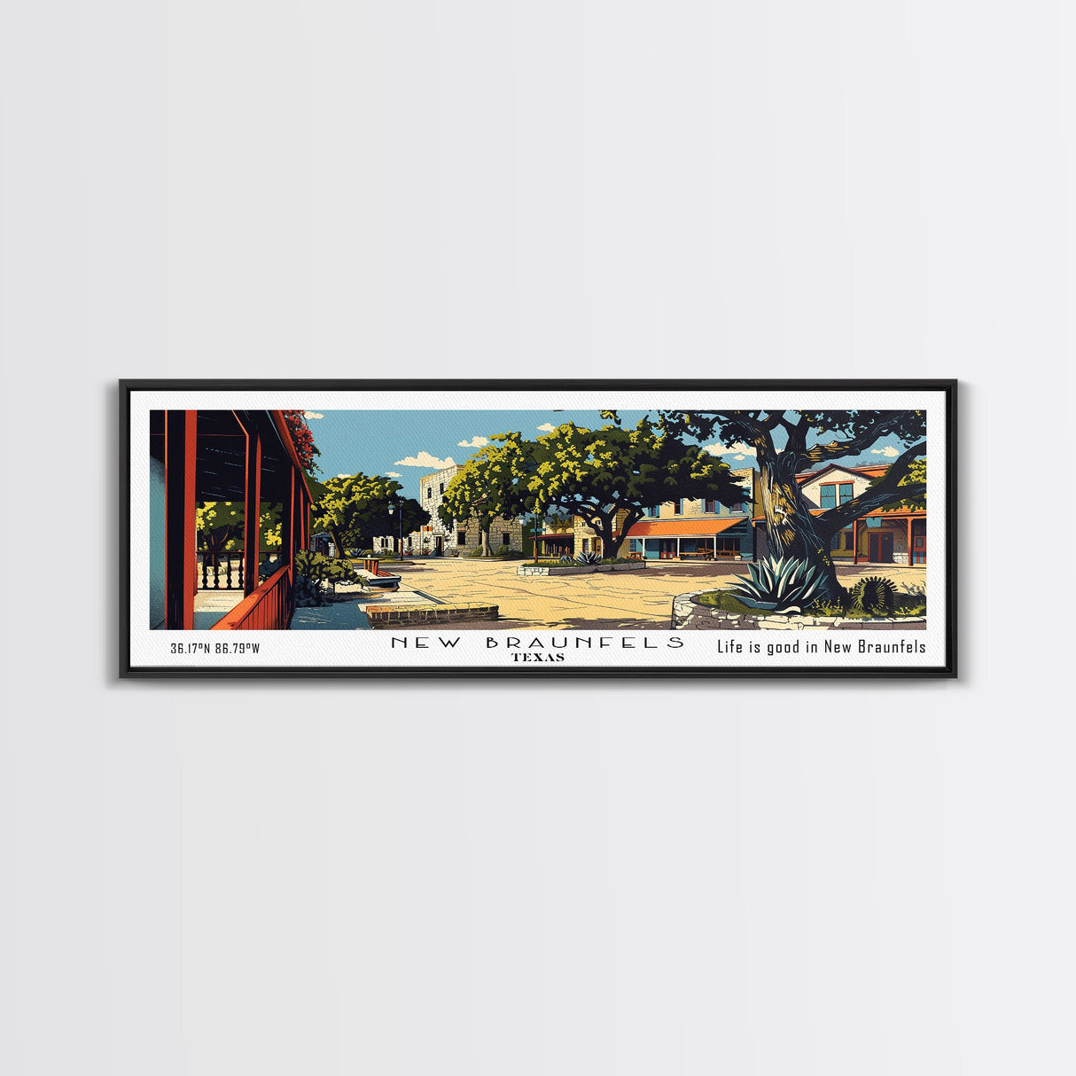 New Braunfels Texas Panoramic Painting, Mid Century Modern Framed Canvas Print, Retro Pop Art Travel Poster, Home Wall Art