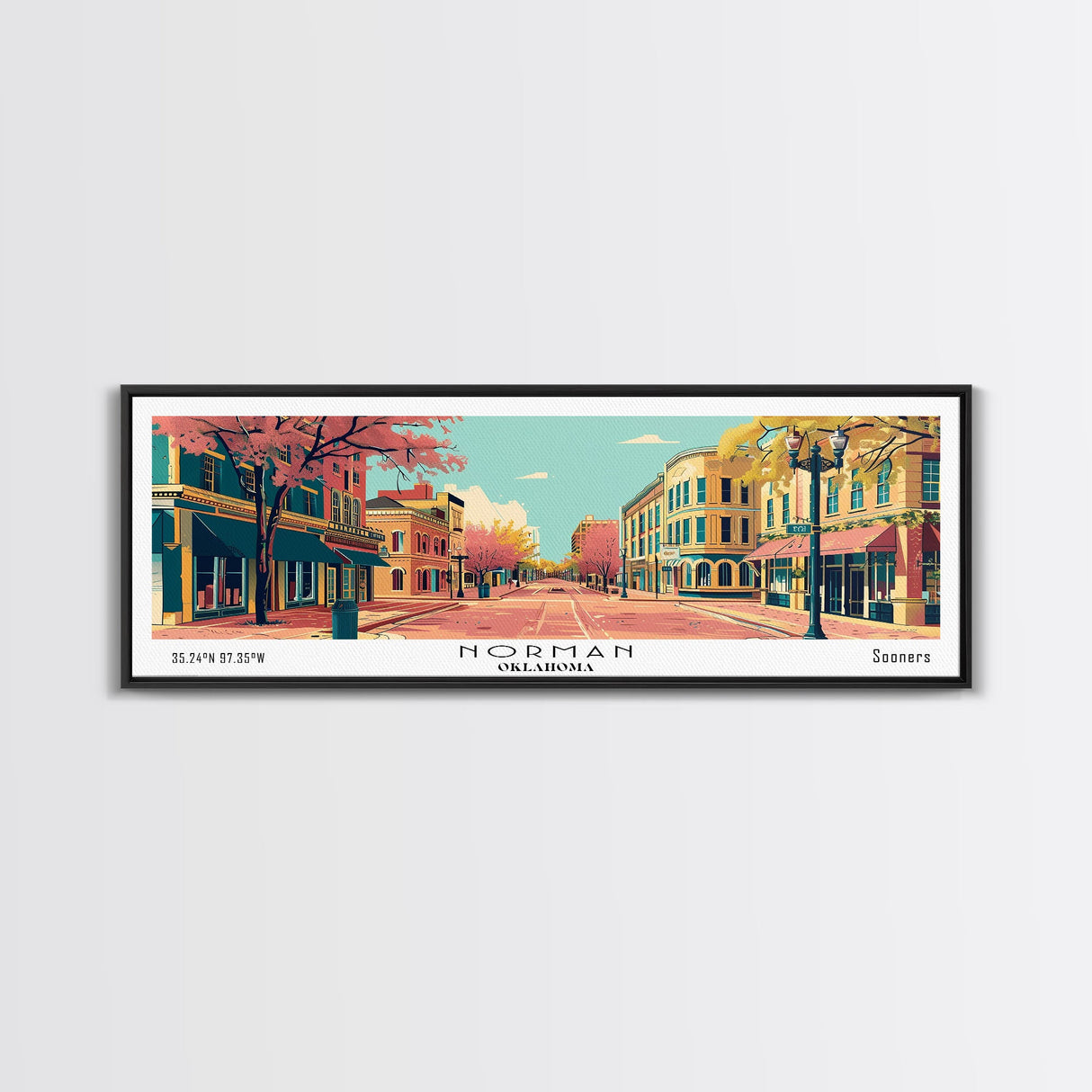 Norman Oklahoma Panoramic Wall Art, Mid Century Modern Framed Canvas Print, Retro Pop Art Travel Poster, City Art, Office Wall Decor, Living Room Art