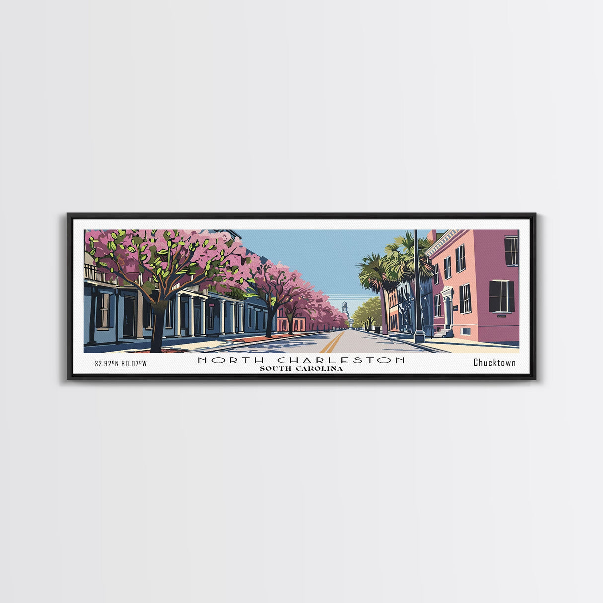 North Charleston South Carolina Panoramic Wall Art, Mid Century Modern Framed Canvas Print, Retro Pop Art Travel Poster, City Art, Office Wall Decor, Living Room Art