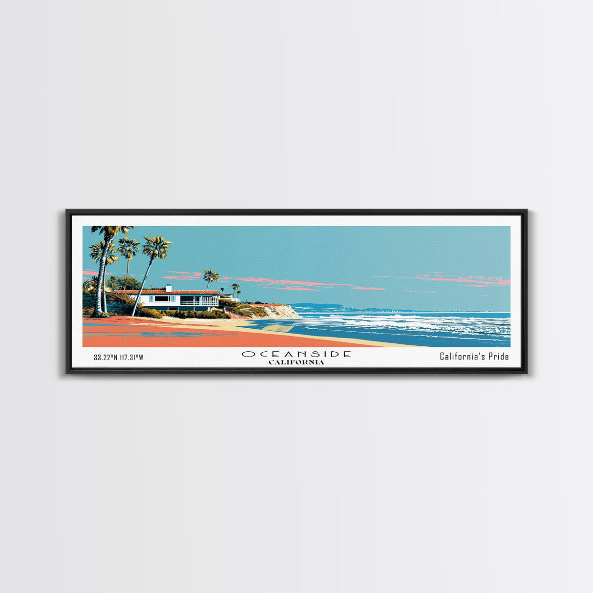 Oceanside California Panoramic Wall Art, Mid Century Modern Framed Canvas Print, Retro Pop Art Travel Poster, City Art, Office Wall Decor, Living Room Art