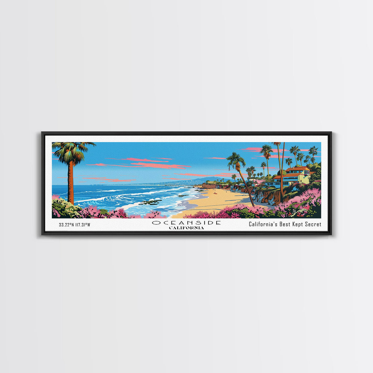 Oceanside California Panoramic Wall Art, Mid Century Modern Framed Canvas Print, Retro Pop Art Travel Poster, City Art, Office Wall Decor, Living Room Art