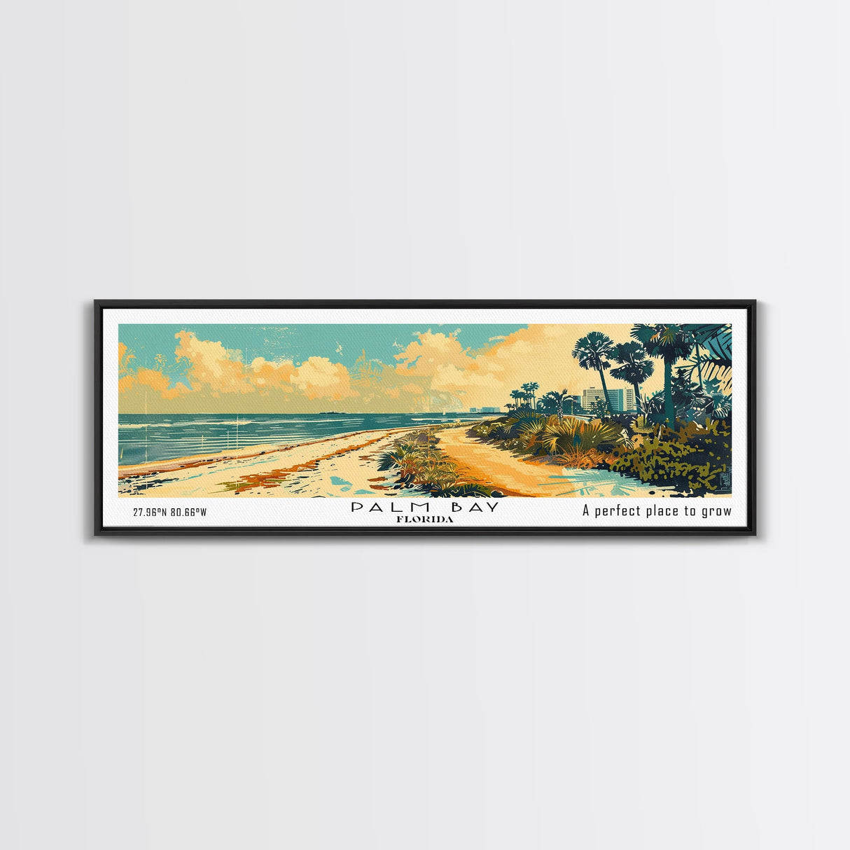 Palm Bay Florida Panoramic Wall Art, Mid Century Modern Framed Canvas Print, Retro Pop Art Travel Poster, City Art, Office Wall Decor, Living Room Art