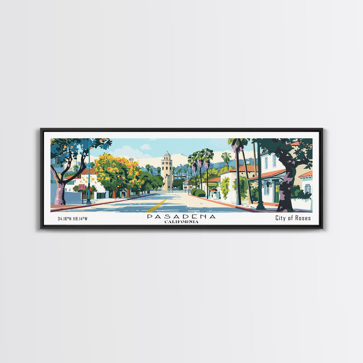 Pasadena California Panoramic Painting, Mid Century Modern Framed Canvas Print, Retro Pop Art Travel Poster, City Art, Office Wall Decor, Living Room Art