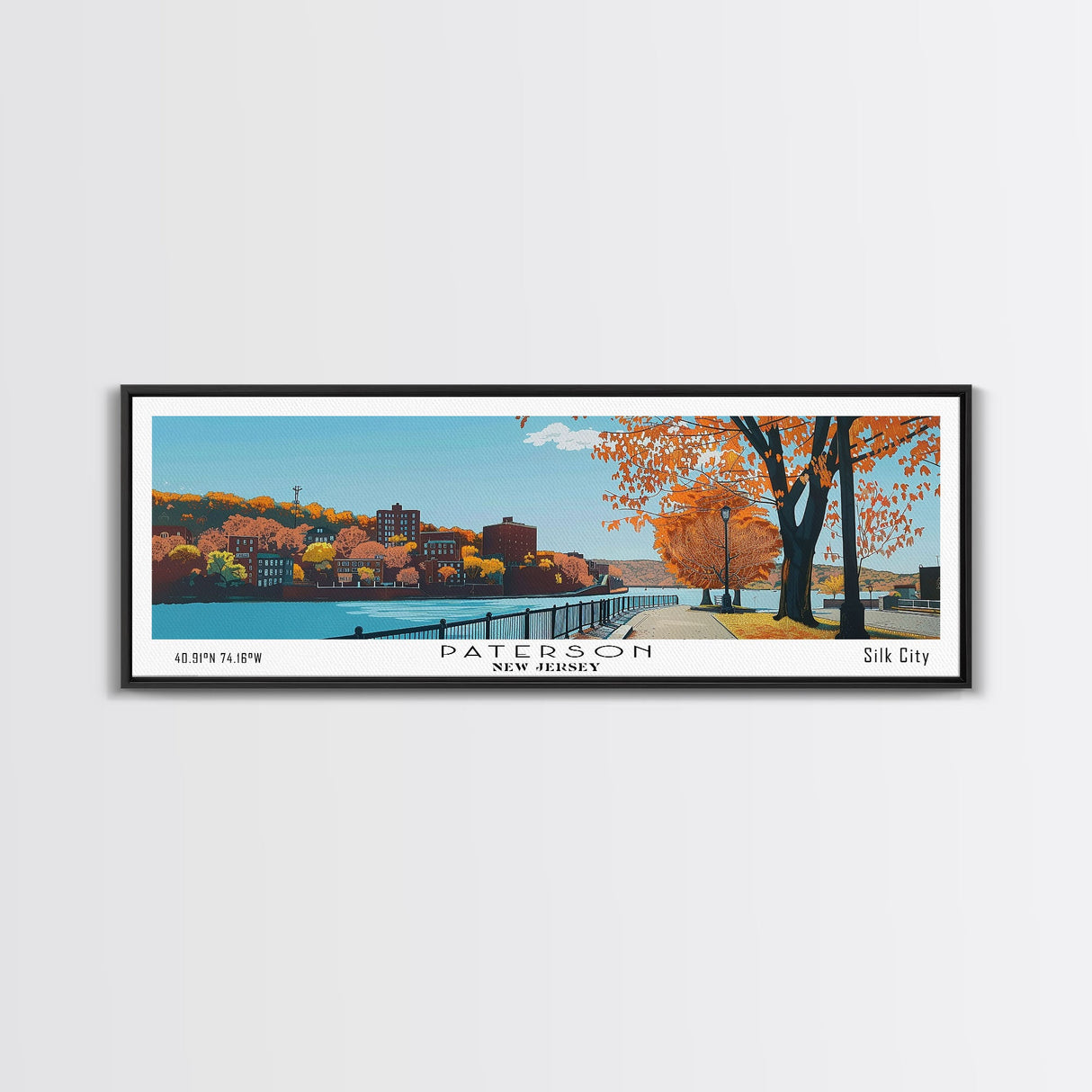 Paterson New Jersey Panoramic Wall Art, Mid Century Modern Framed Canvas Print, Retro Pop Art Travel Poster, City Art, Office Wall Decor, Living Room Art