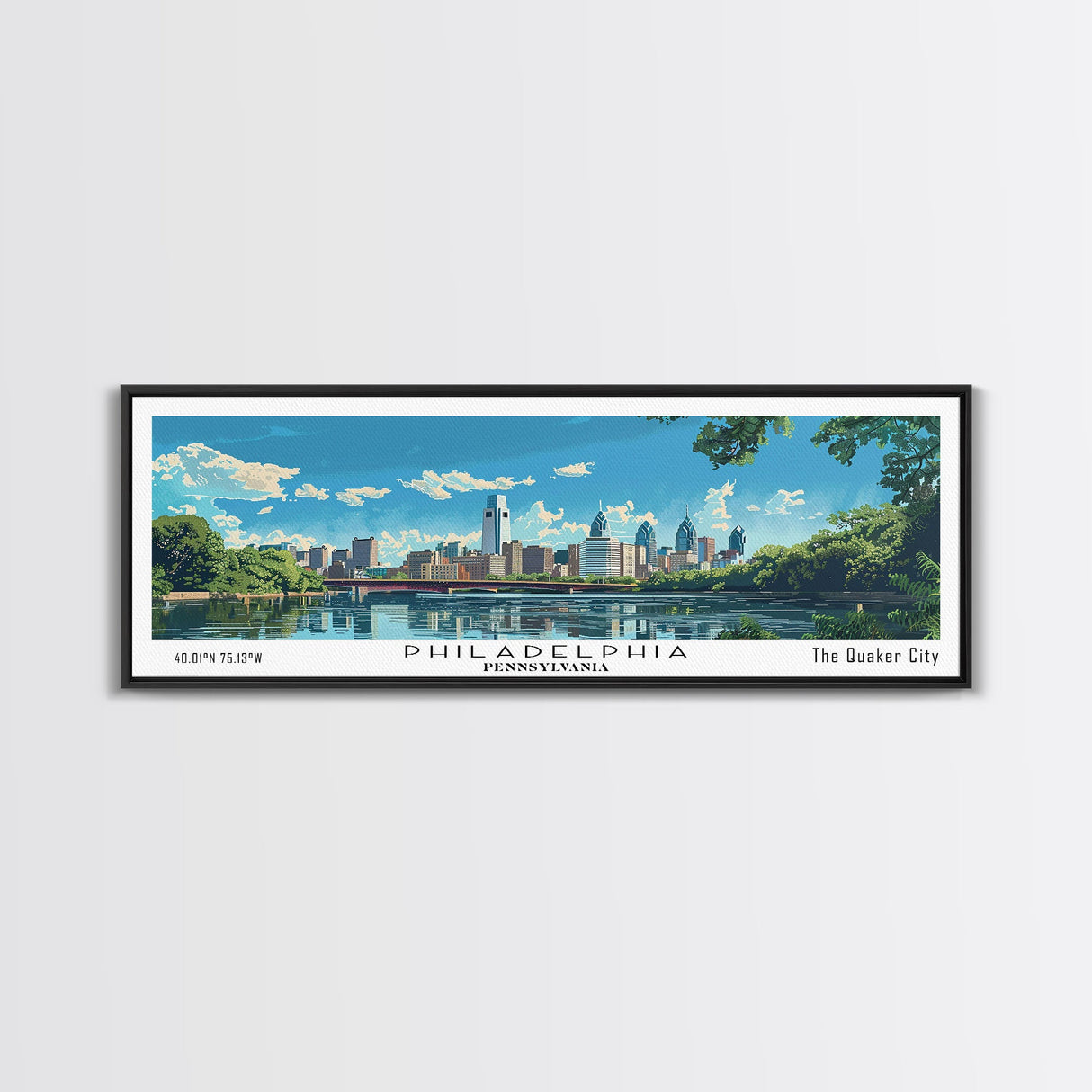 Philadelphia Pennsylvania Panoramic Painting, Mid Century Modern Framed Canvas Print, Retro Pop Art Travel Poster, City Art, Office Wall Decor, Living Room Art