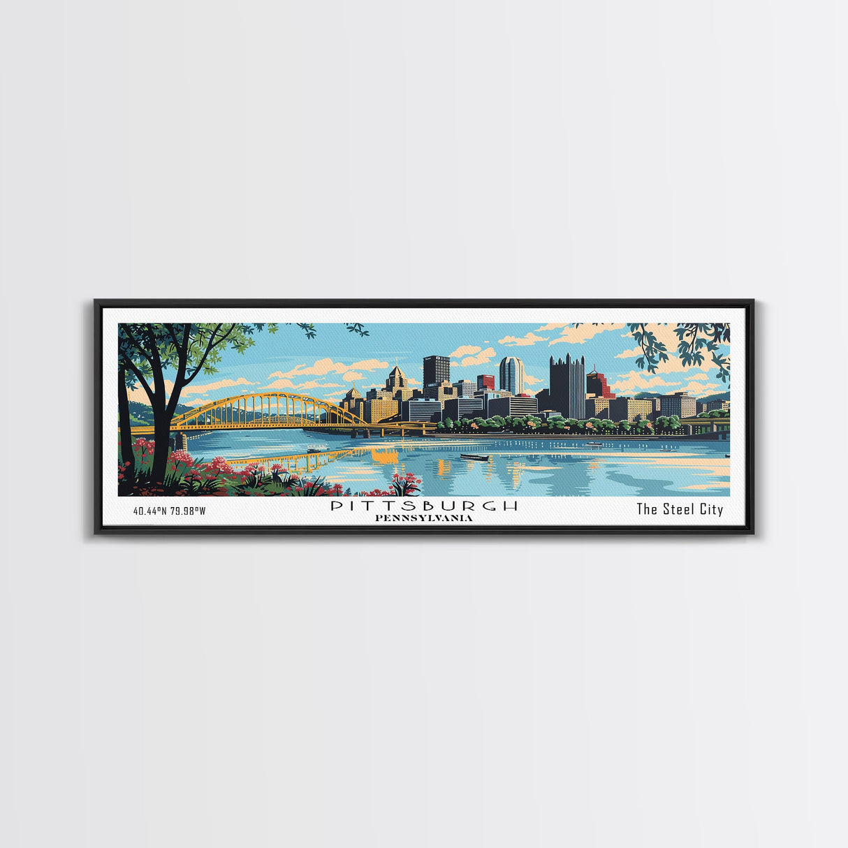 Pittsburgh Pennsylvania Panoramic Wall Art, Mid Century Modern Framed Canvas Print, Retro Pop Art Travel Poster, City Art, Office Wall Decor, Living Room Art