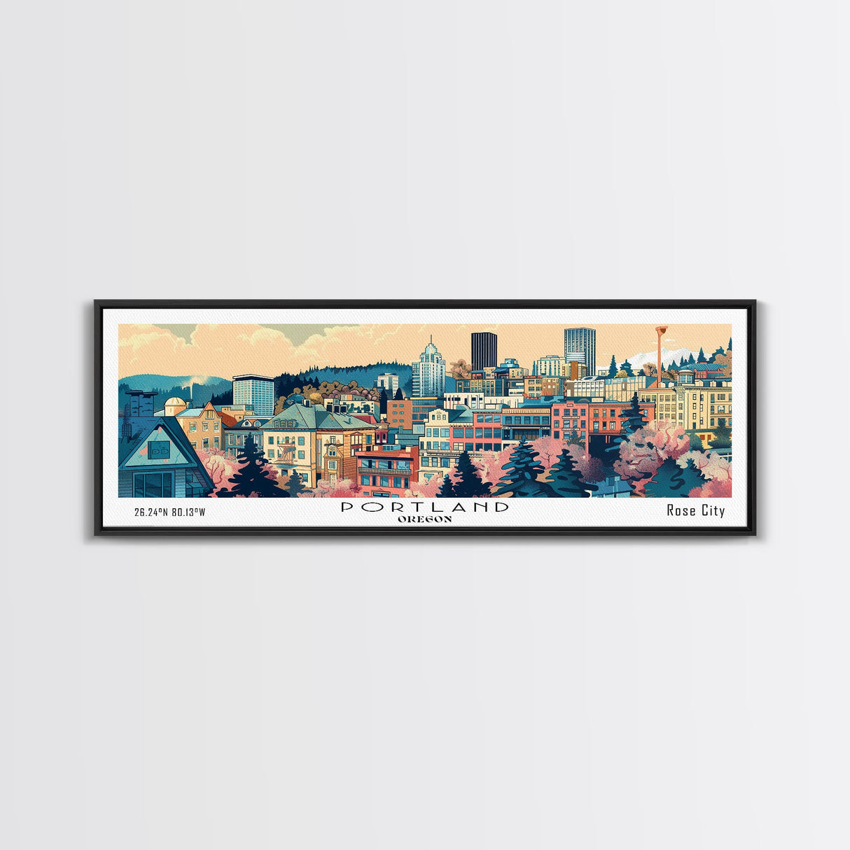 Portland Oregon Panoramic Wall Art, Mid Century Modern Framed Canvas Print, Retro Pop Art Travel Poster, City Art, Office Wall Decor, Living Room Art