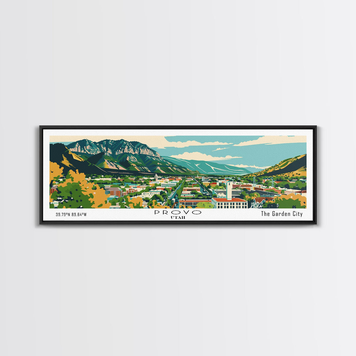 Provo Utah Panoramic Painting, Mid Century Modern Framed Canvas Print, Retro Pop Art Travel Poster, City Art, Office Wall Decor, Living Room Art