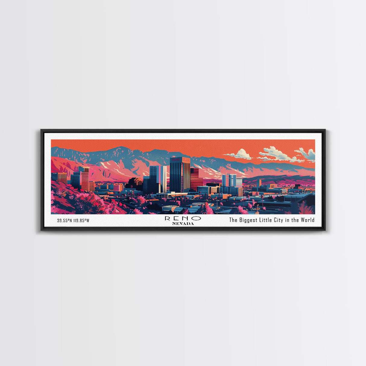 Reno Nevada Panoramic Painting, Mid Century Modern Framed Canvas Print, Retro Pop Art Travel Poster, City Art, Office Wall Decor, Living Room Art