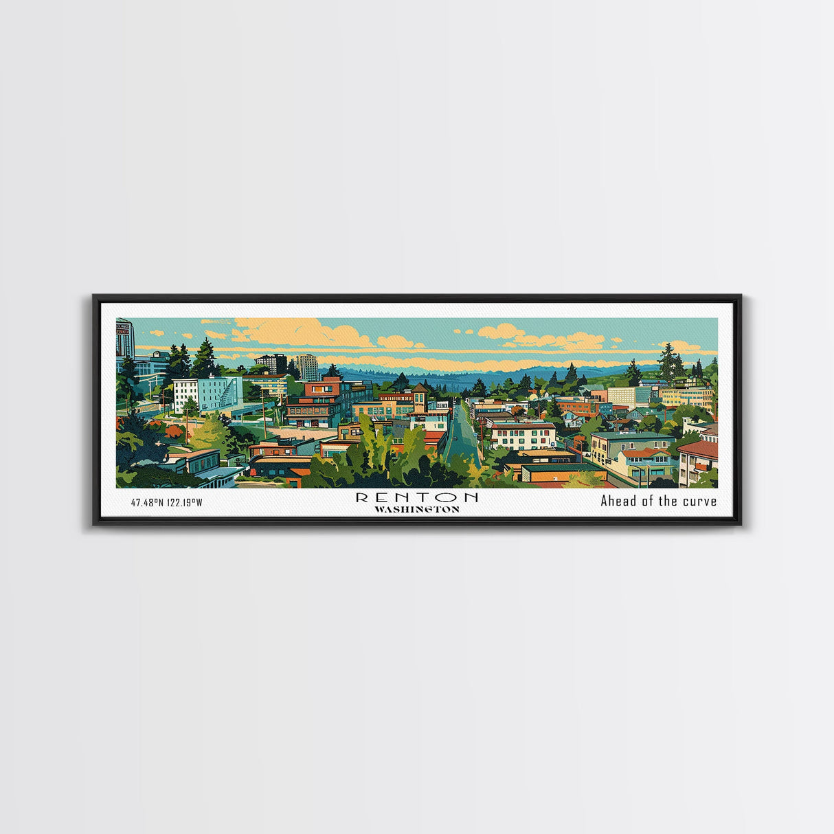 Renton Washington Panoramic Wall Art, Mid Century Modern Framed Canvas Print, Retro Pop Art Travel Poster, City Art, Office Wall Decor, Living Room Art