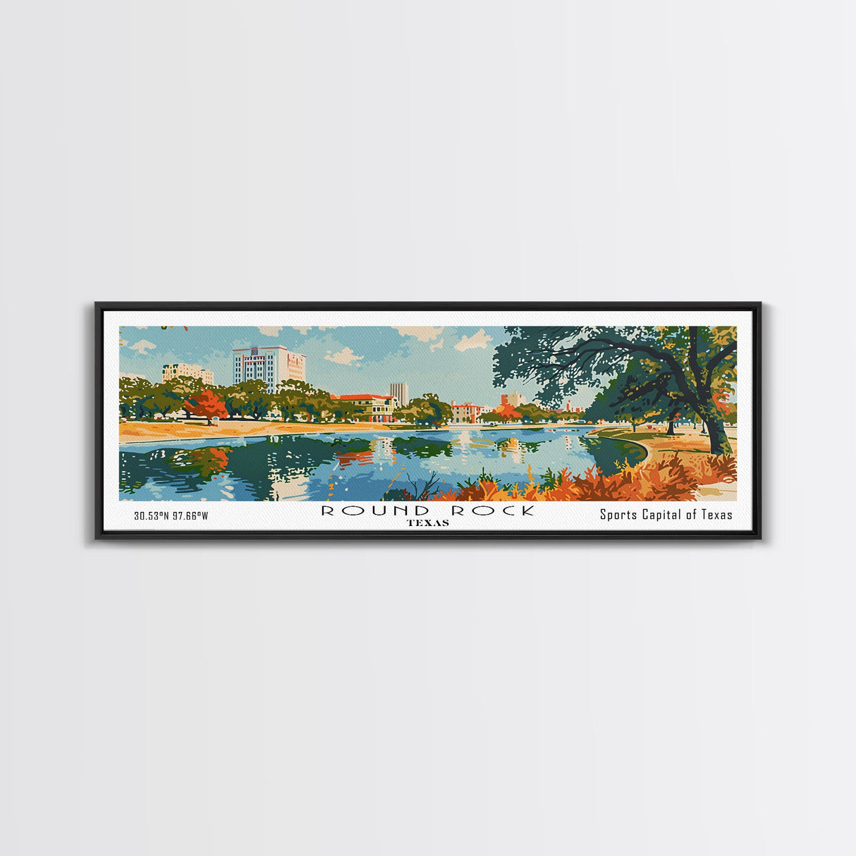 Round Rock Texas Panoramic Painting, Mid Century Modern Framed Canvas Print, Retro Pop Art Travel Poster, City Art, Office Wall Decor, Living Room Art