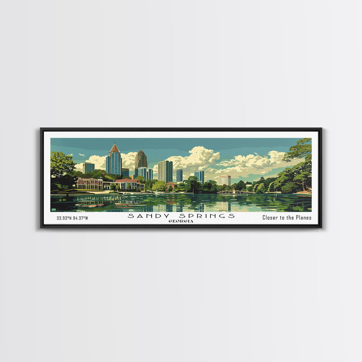 Sandy Springs Georgia Panoramic Painting, Mid Century Modern Framed Canvas Print, Retro Pop Art Travel Poster, City Art, Office Wall Decor, Living Room Art