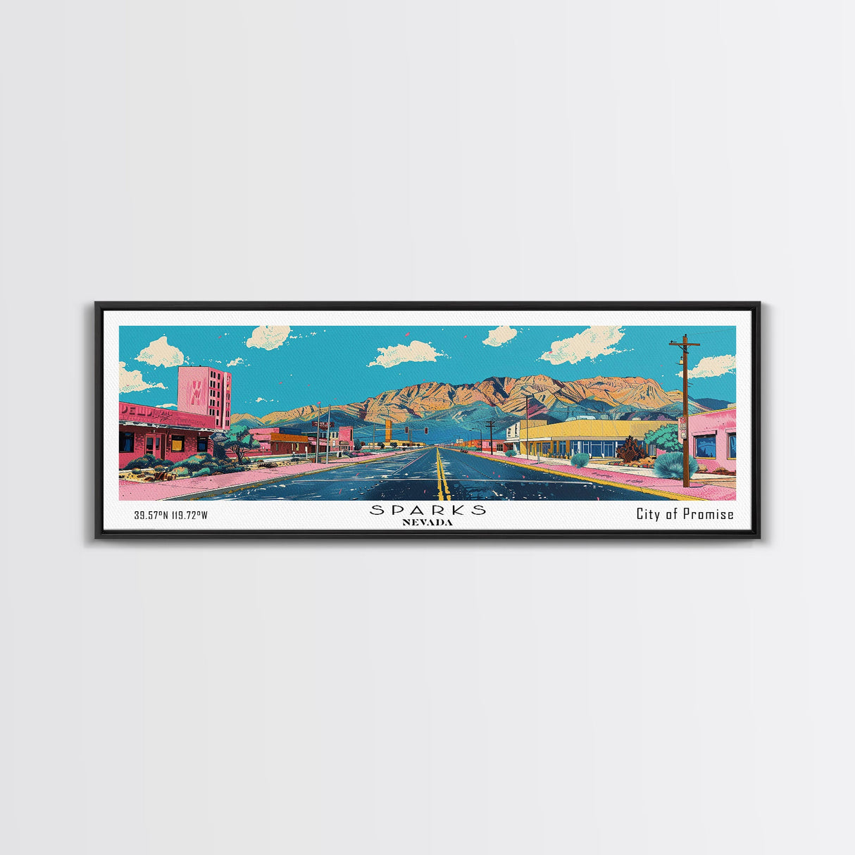 Sparks Nevada Panoramic Wall Art, Mid Century Modern Framed Canvas Print, Retro Pop Art Travel Poster, Living Room and Office Decor