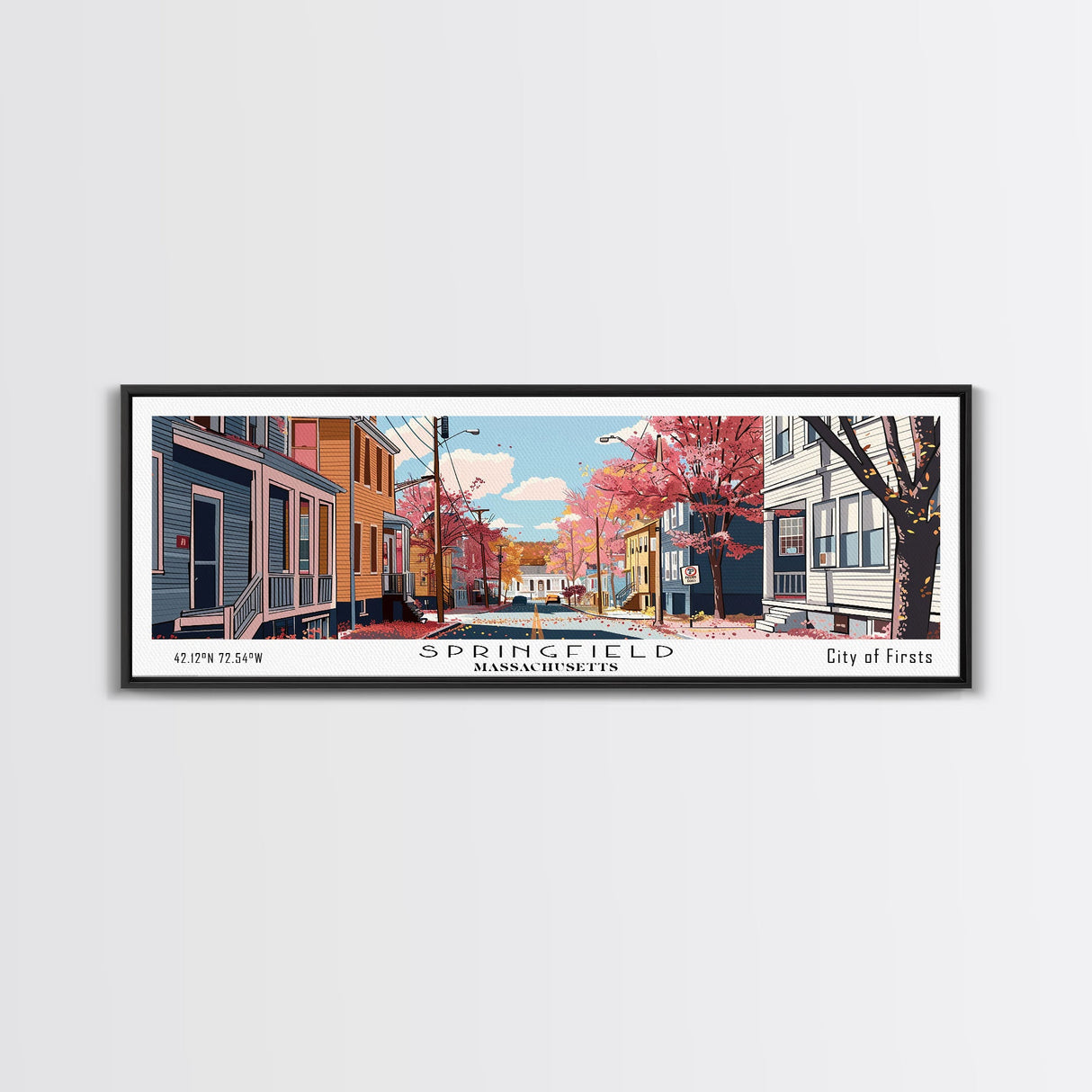 Springfield Massachusetts Panoramic Painting, Mid Century Modern Framed Canvas Print, Retro Pop Art Travel Poster, Living Room Wall Art Decor