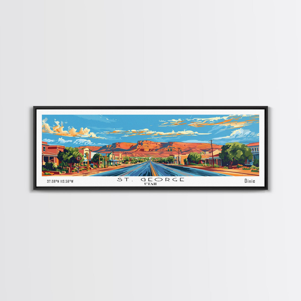 St. George Utah Panoramic Wall Art, Mid Century Modern Framed Canvas Print, Retro Pop Art Travel Poster, Office Wall Decor and Gift Idea