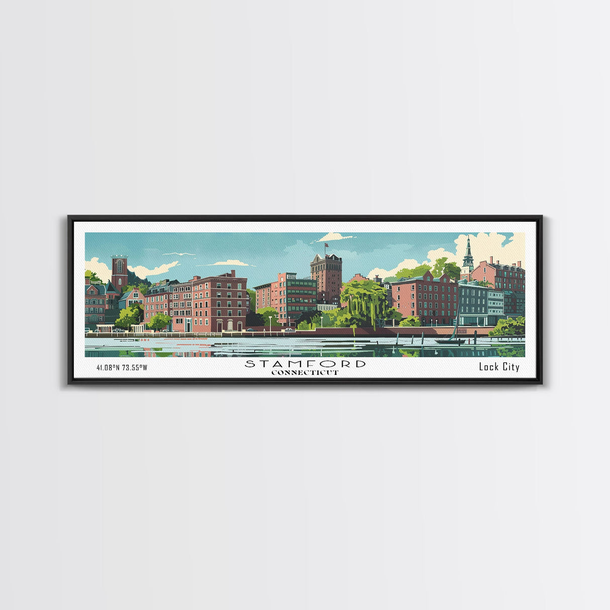 Stamford Connecticut Panoramic Wall Art, Mid Century Modern Framed Canvas Print, Retro Pop Art Travel Poster, Living Room and Office Decor