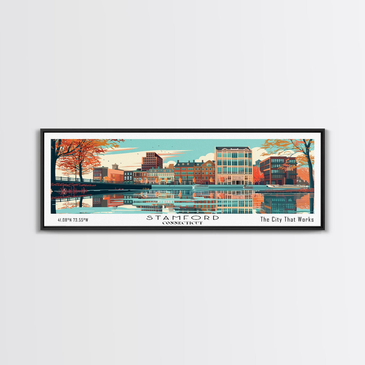 Stamford Connecticut Panoramic Painting, Mid Century Modern Framed Canvas Print, Retro Pop Art Travel Poster, Wall Hanging for Home Decor