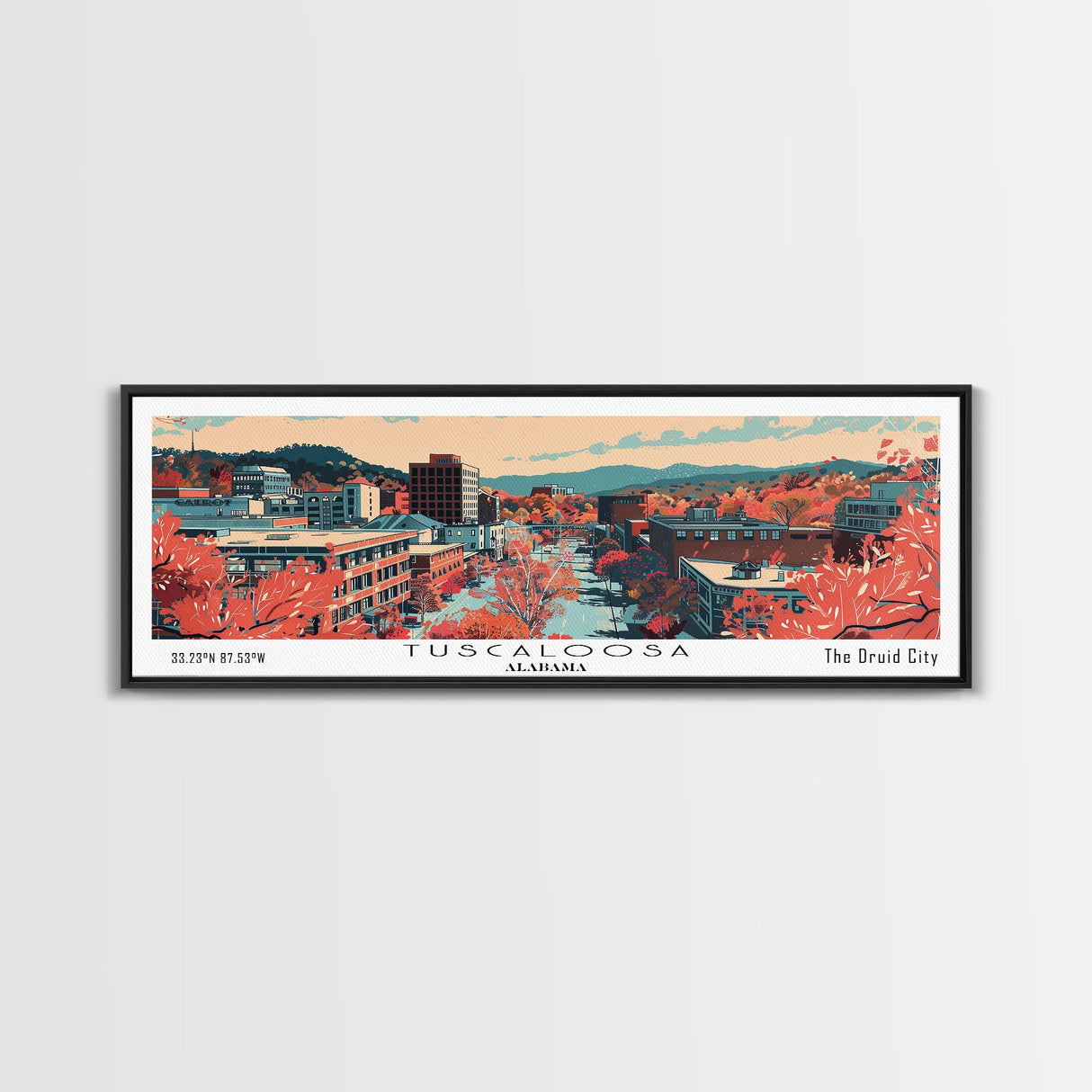 Tuscaloosa Alabama Panoramic Art, Mid Century Modern Framed Canvas Print, Retro Pop Art Travel Poster, Office Wall Art, Home Decoratio