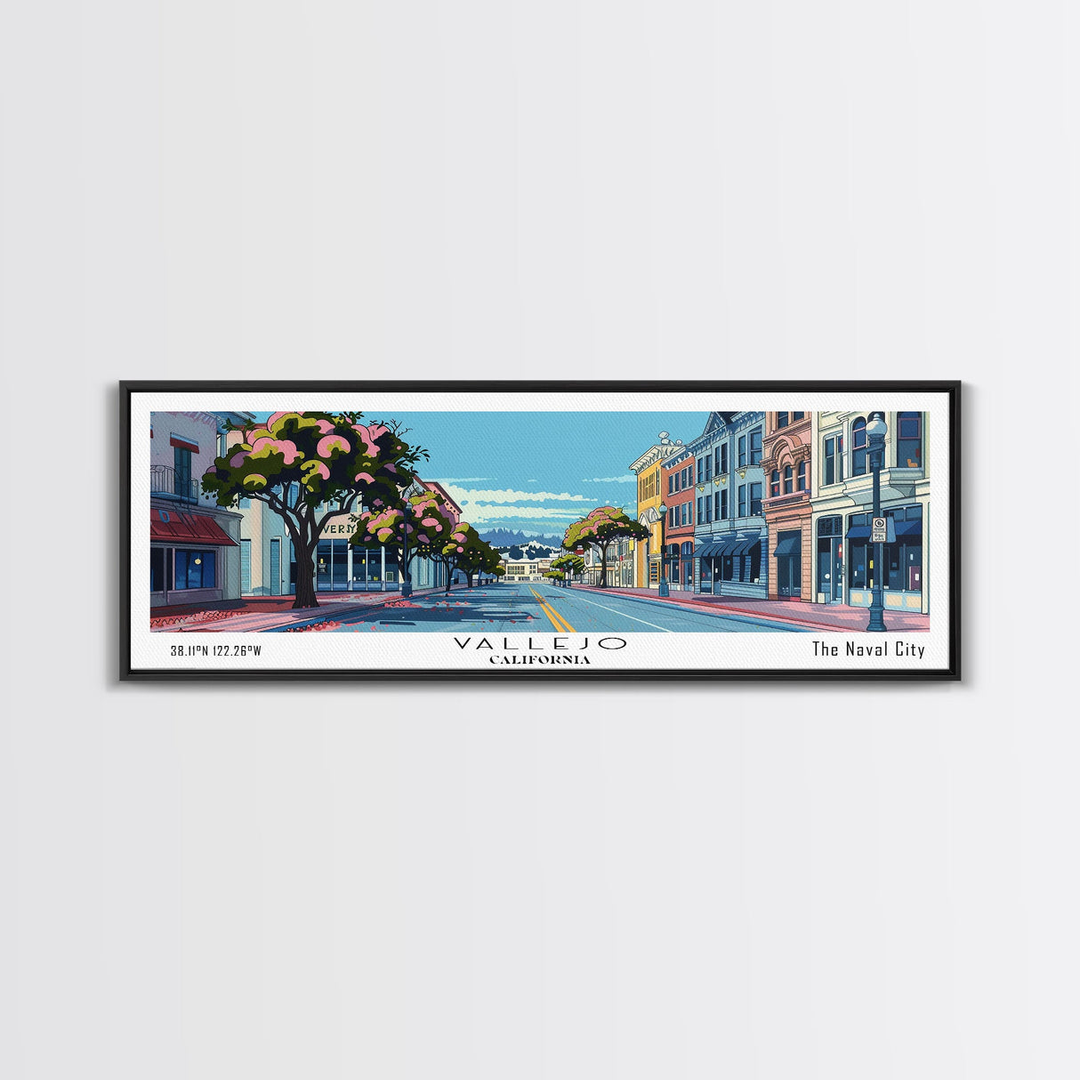 Vallejo California Panoramic Painting, Mid Century Modern Framed Canvas Print, Retro Pop Art Travel Poster, Office Wall Art, Home Decoration