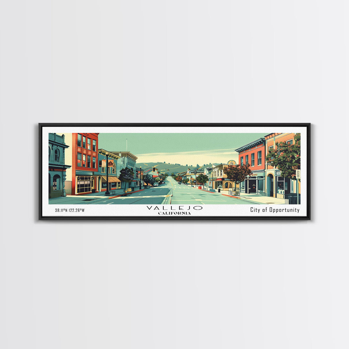 Vallejo California Panoramic Art, Mid Century Modern Framed Canvas Print, Retro Pop Art Travel Poster, City Print, Living Room Wall Decor