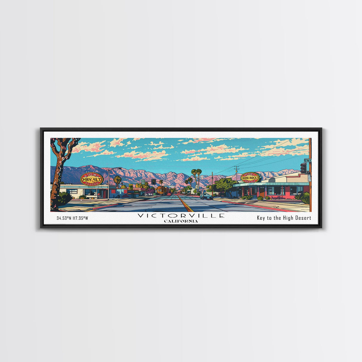 Victorville California Panoramic Wall Art, Mid Century Modern Framed Canvas Print, Retro Pop Art Travel Poster, City Art, Home Decoration