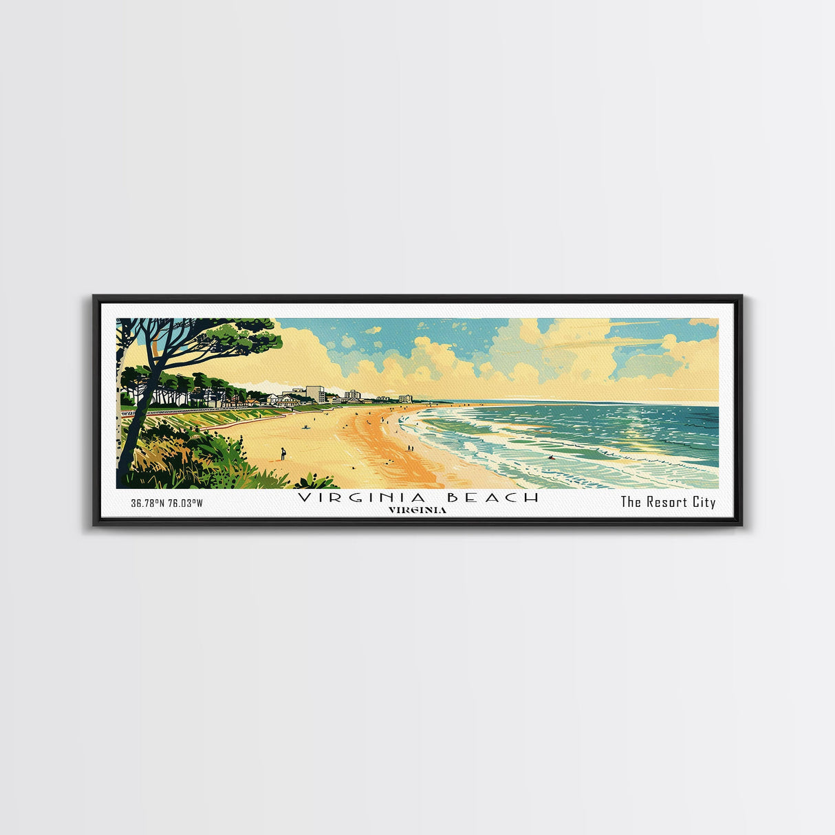 Virginia Beach Virginia Panoramic Painting, Mid Century Modern Framed Canvas Print, Retro Pop Art Travel Poster, Office Wall Art, Home Decoration