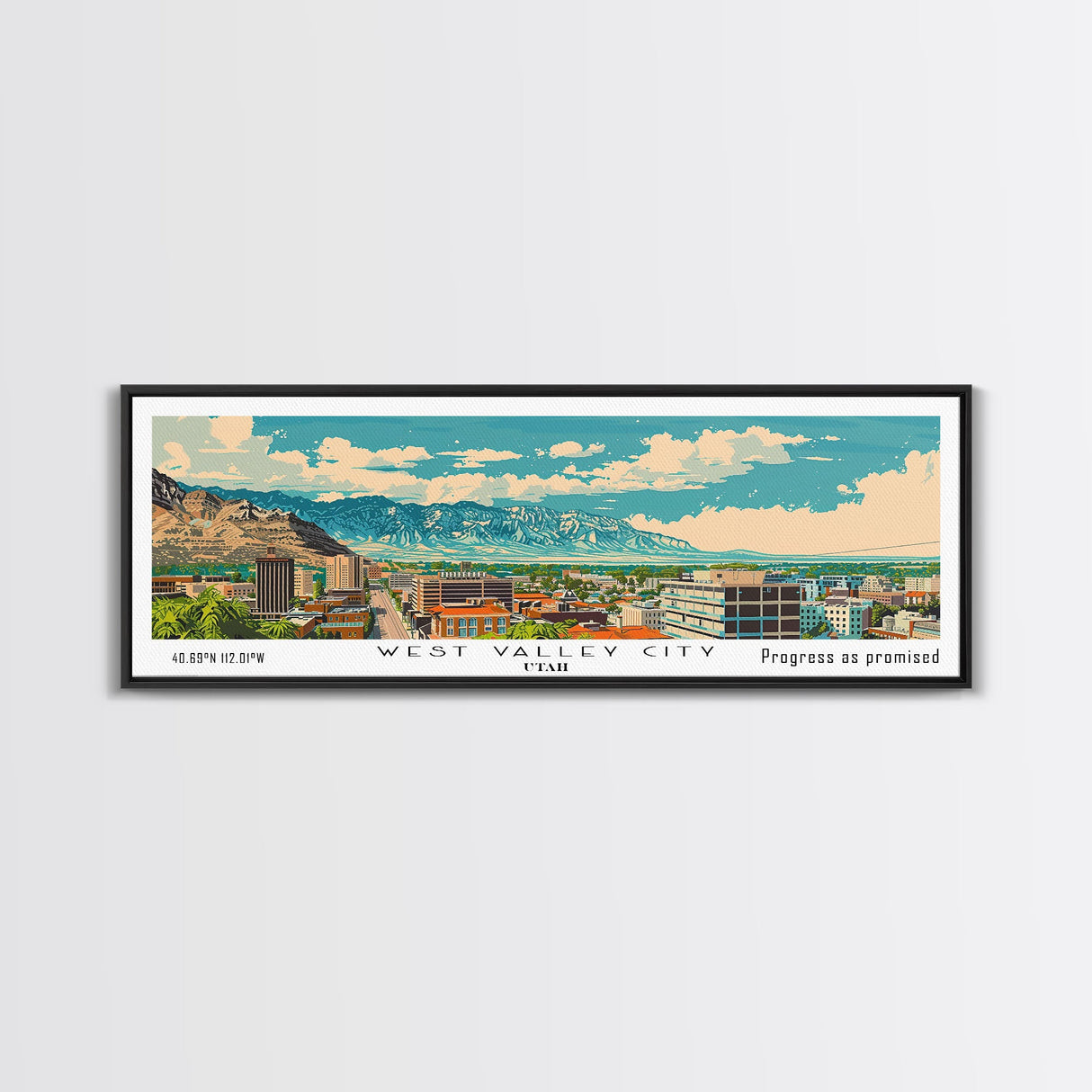 West Valley City Utah Panoramic Painting, Mid Century Modern Framed Canvas Print, Retro Pop Art Travel Poster, Office Wall Art, Home Decoration