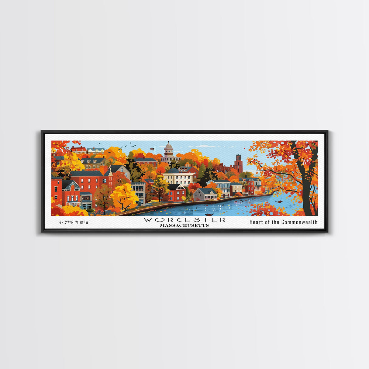 Worcester Massachusetts Panoramic Art, Mid Century Modern Framed Canvas Print, Retro Pop Art Travel Poster, City Print, Living Room Wall Decor