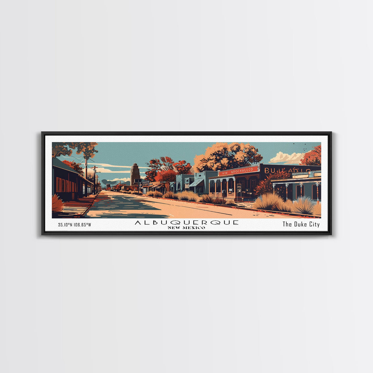 Albuquerque New Mexico Panoramic Painting, Framed Canvas Print, Mid Century Modern Wall Art, Retro Pop Art Travel Poster, Office Decor, City Art