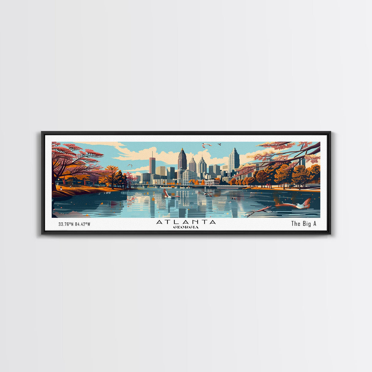 Atlanta Georgia Panoramic Painting, Framed Canvas Print, Mid Century Modern Wall Art, Retro Pop Art Travel Poster, Home Decor, City Art