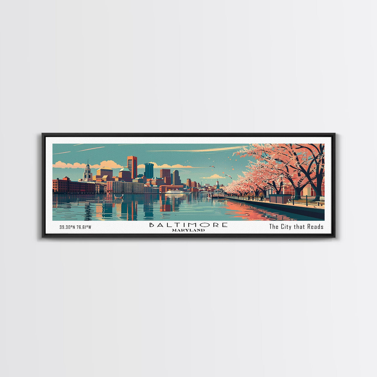 Baltimore Maryland Panoramic Painting, Framed Canvas Print, Mid Century Modern Wall Art, Retro Pop Art Travel Poster, Home Decor, City Art