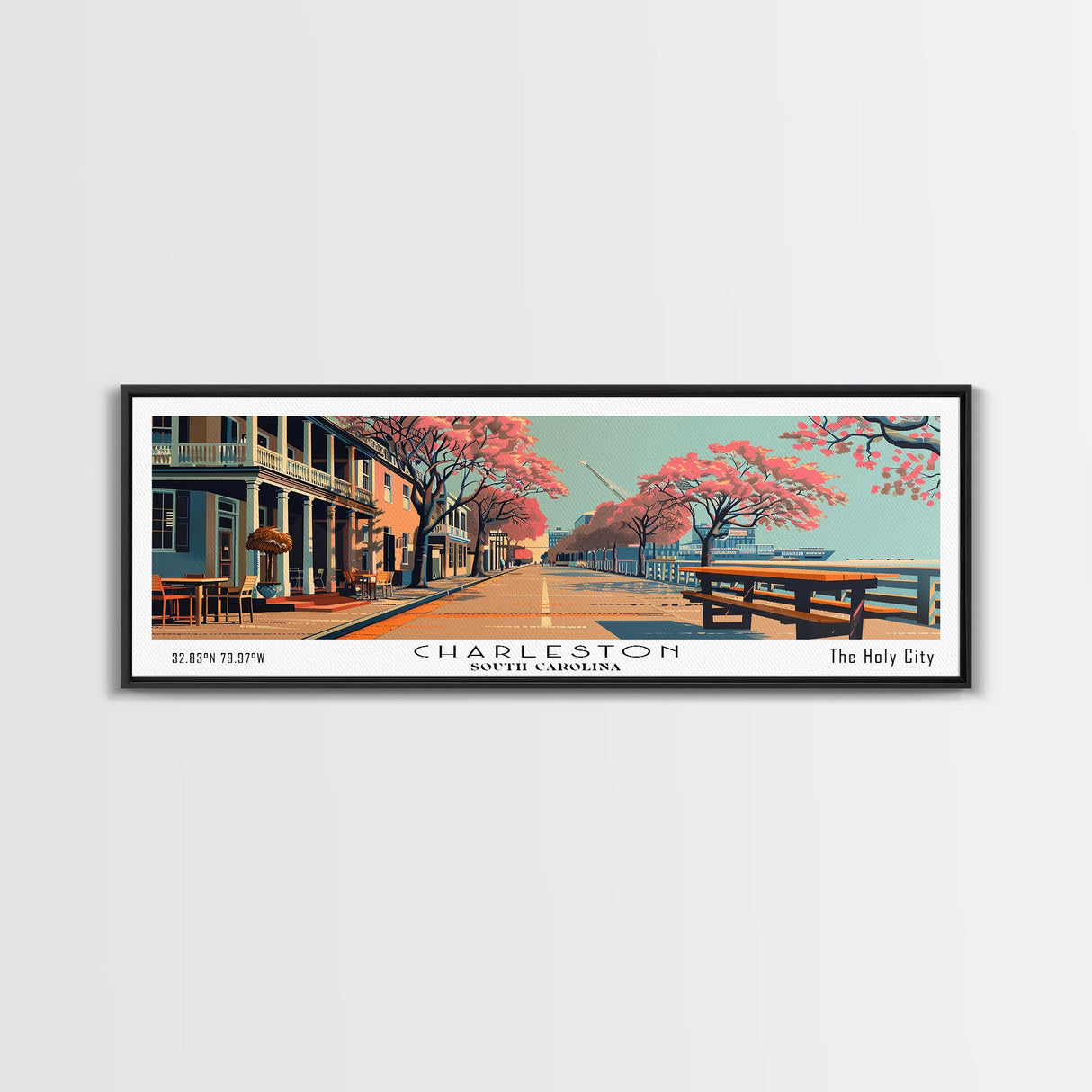 Charleston South Carolina Panoramic Painting, Framed Canvas Print, Mid Century Modern Wall Art, Retro Pop Art Travel Poster, Home Decor, City Art