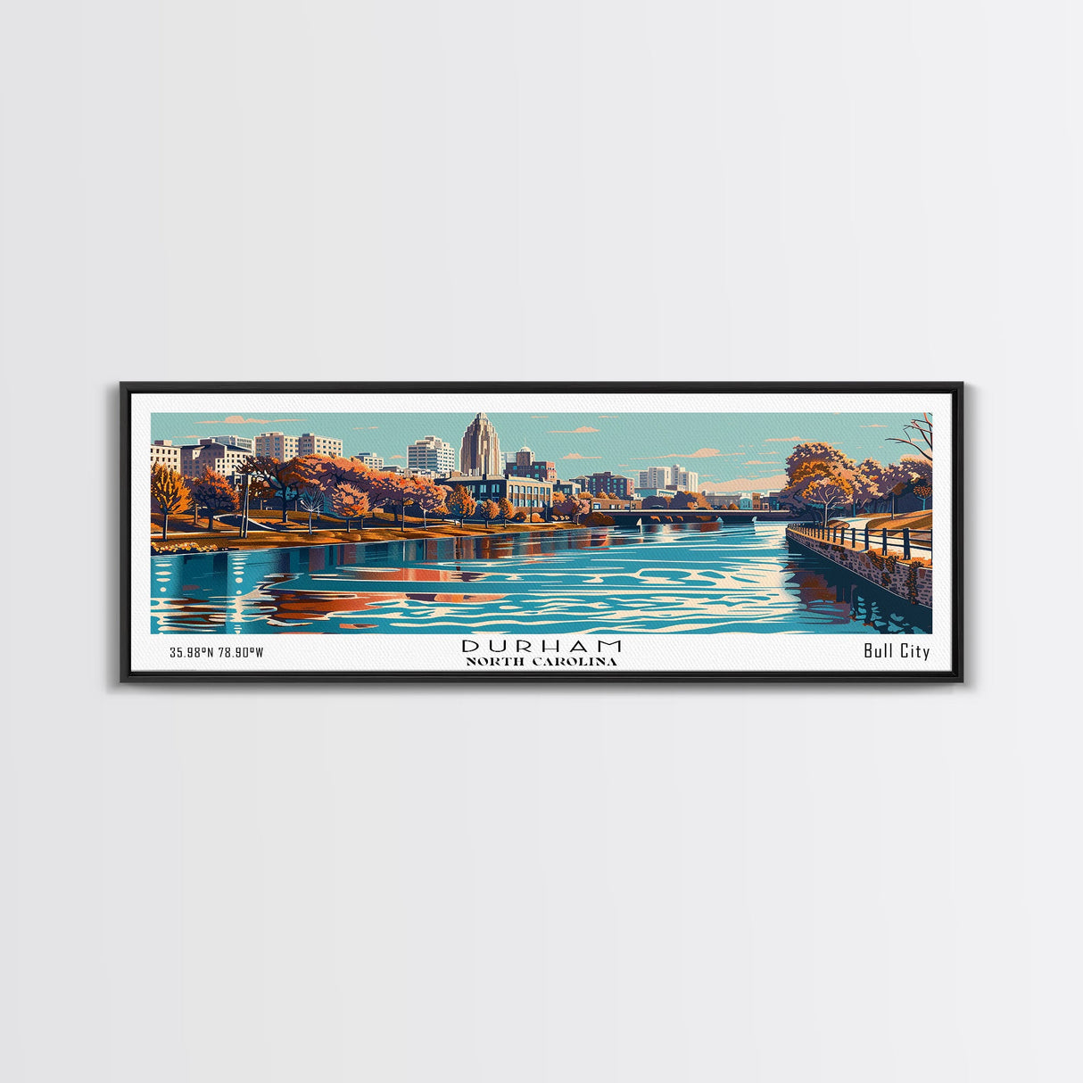 Durham North Carolina Panoramic Painting, Framed Canvas Print, Mid Century Modern Wall Art, Retro Pop Art Travel Poster, Home Decor, City Art