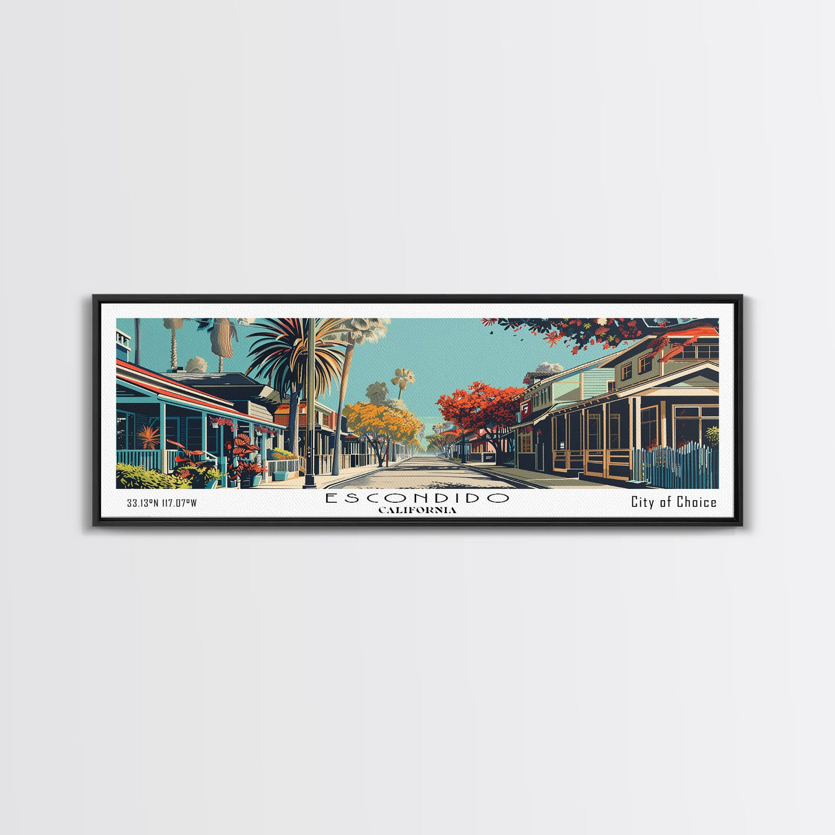 Escondido California Panoramic Painting, Framed Canvas Print, Mid Century Modern Wall Art, Retro Pop Art Travel Poster, Living Room Decor, City Art