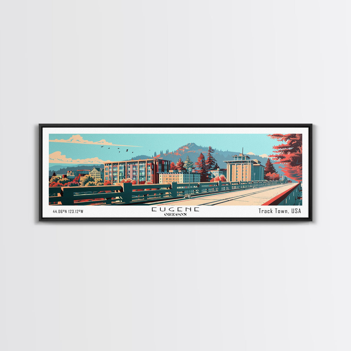 Eugene Oregon Panoramic Painting, Framed Canvas Print, Mid Century Modern Wall Art, Retro Pop Art Travel Poster, Office Decor, City Art