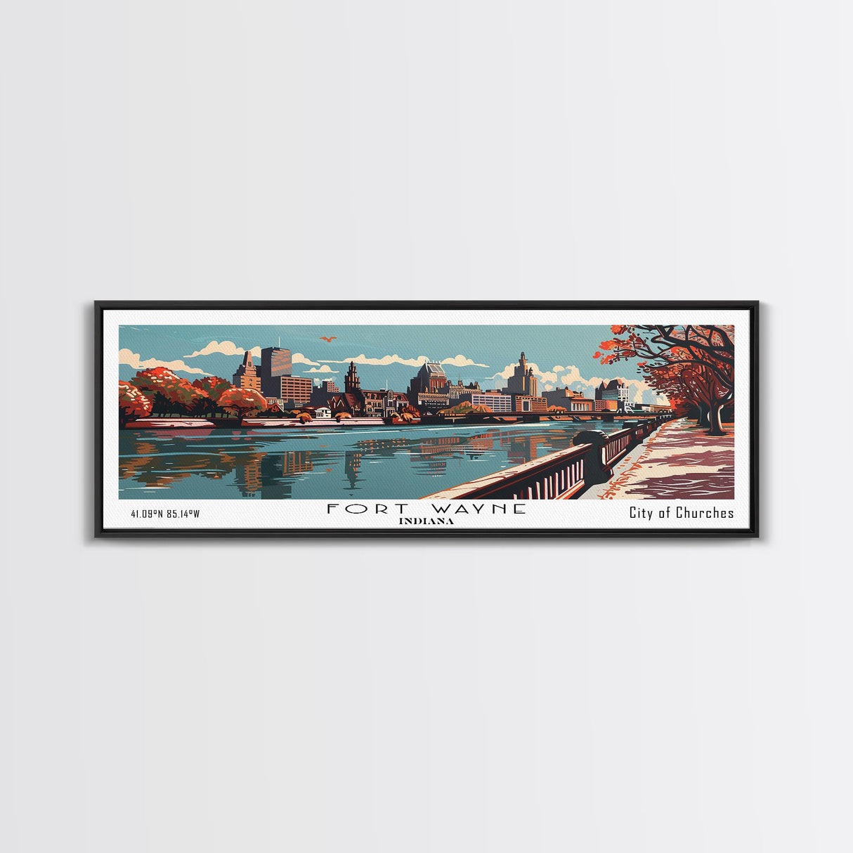 Fort Wayne Indiana Panoramic Painting, Framed Canvas Print, Mid Century Modern Wall Art, Retro Pop Art Travel Poster, Office Decor, City Art