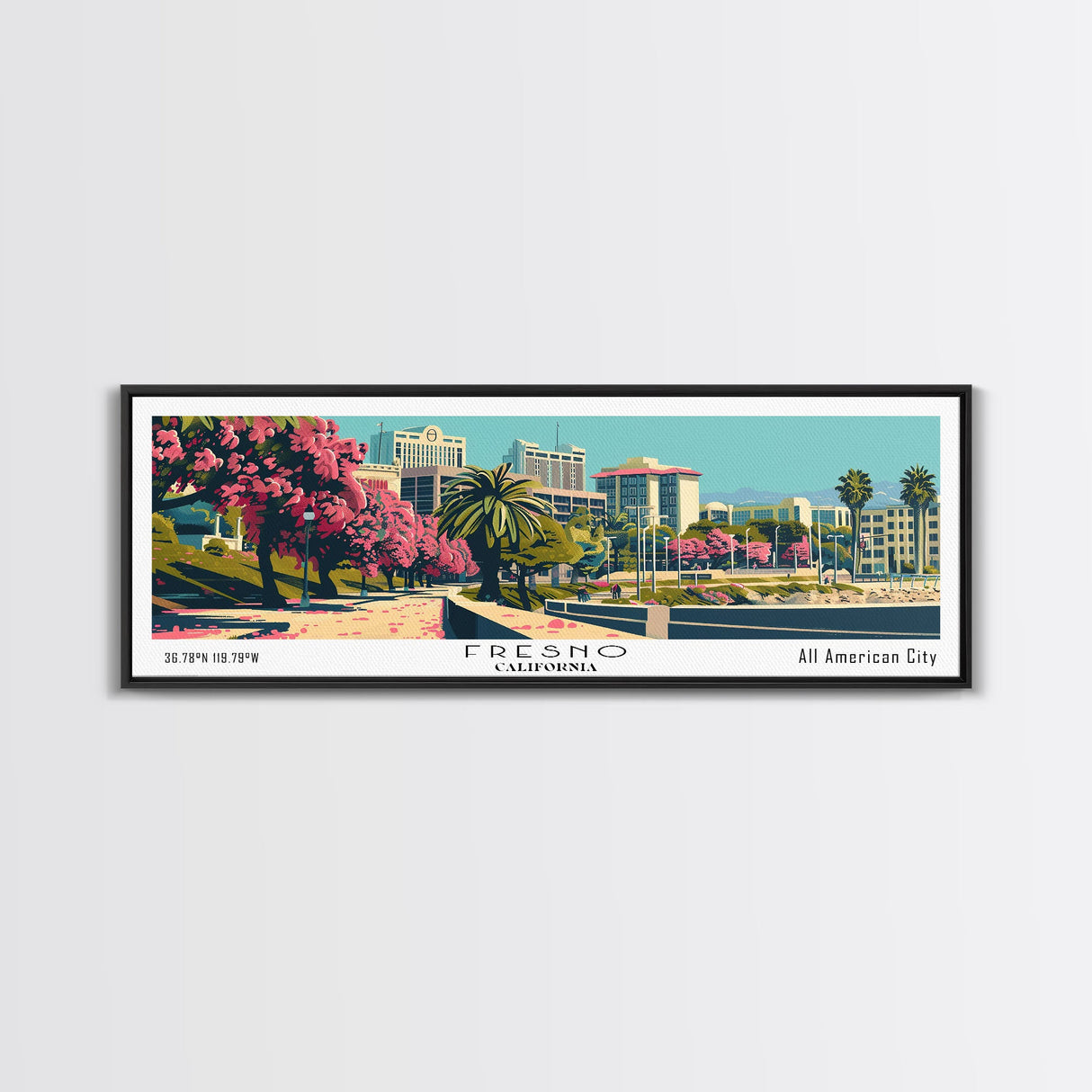 Fresno California Panoramic Painting, Framed Canvas Print, Mid Century Modern Wall Art, Retro Pop Art Travel Poster, Living Room Decor, City Art