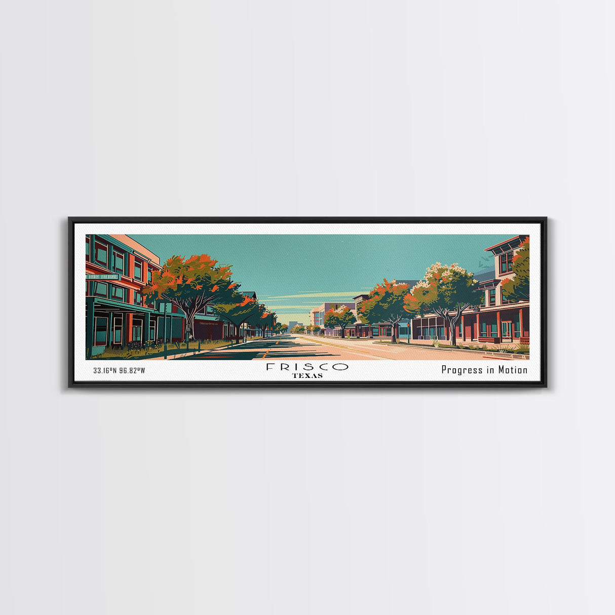 Frisco Texas Panoramic Painting, Framed Canvas Print, Mid Century Modern Wall Art, Retro Pop Art Travel Poster, Home Decor, City Art