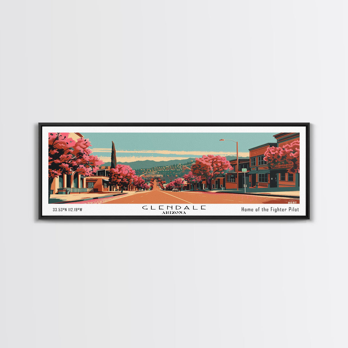 Glendale Arizona Panoramic Wall Art, Framed Canvas Print, Mid Century Modern Style, Retro Pop Art Travel Poster, Living Room Art, Home Decor, Cityscape