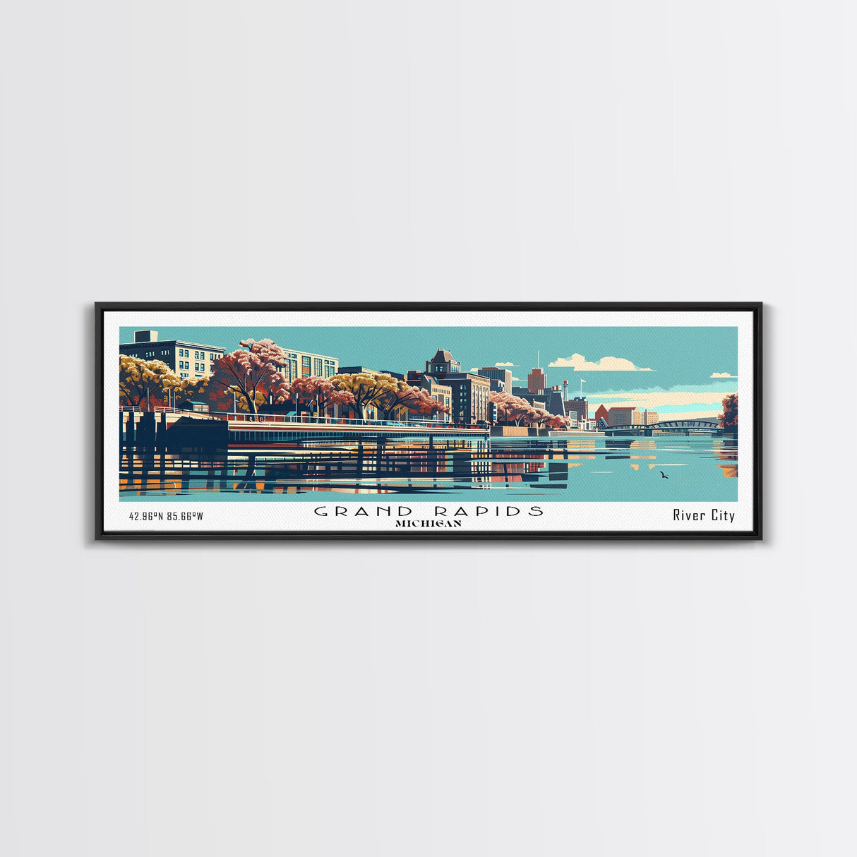 Grand Rapids Michigan Panoramic Painting, Framed Canvas Print, Mid Century Modern Wall Art, Retro Pop Art Travel Poster, Cityscape Decor, Living Room Art, Office Wall Art