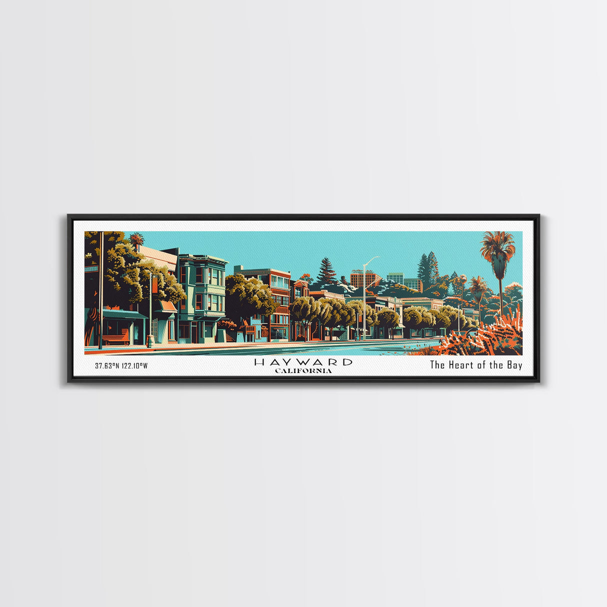 Hayward California Panoramic Painting, Framed Canvas Print, Mid Century Modern Wall Art, Retro Pop Art Travel Poster, Cityscape Decor, Office Wall Art, Home Decor