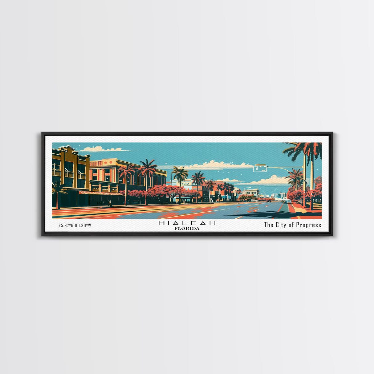 Hialeah Florida Panoramic Wall Art, Framed Canvas Print, Mid Century Modern Style, Retro Pop Art Travel Poster, Living Room Art, Cityscape Decor, Office Wall Art