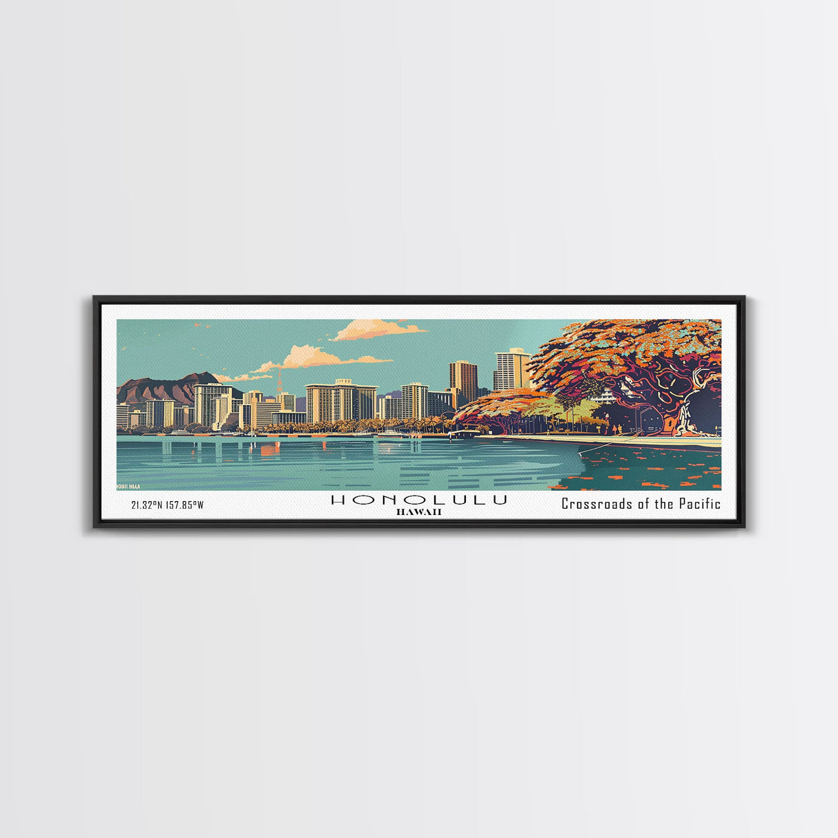 Honolulu Hawaii Panoramic Painting, Mid Century Modern Framed Canvas Print, Retro Pop Art Travel Poster, Cityscape Wall Art, Home Decor, Living Room Art, Office Wall Art