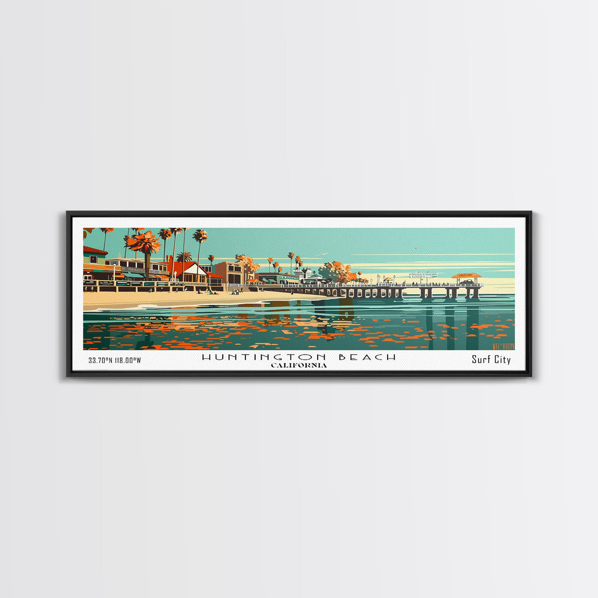 Huntington Beach California Panoramic Painting, Framed Canvas Print, Mid Century Modern Wall Art, Retro Pop Art Travel Poster, Cityscape Decor, Office Wall Art, Home Decor