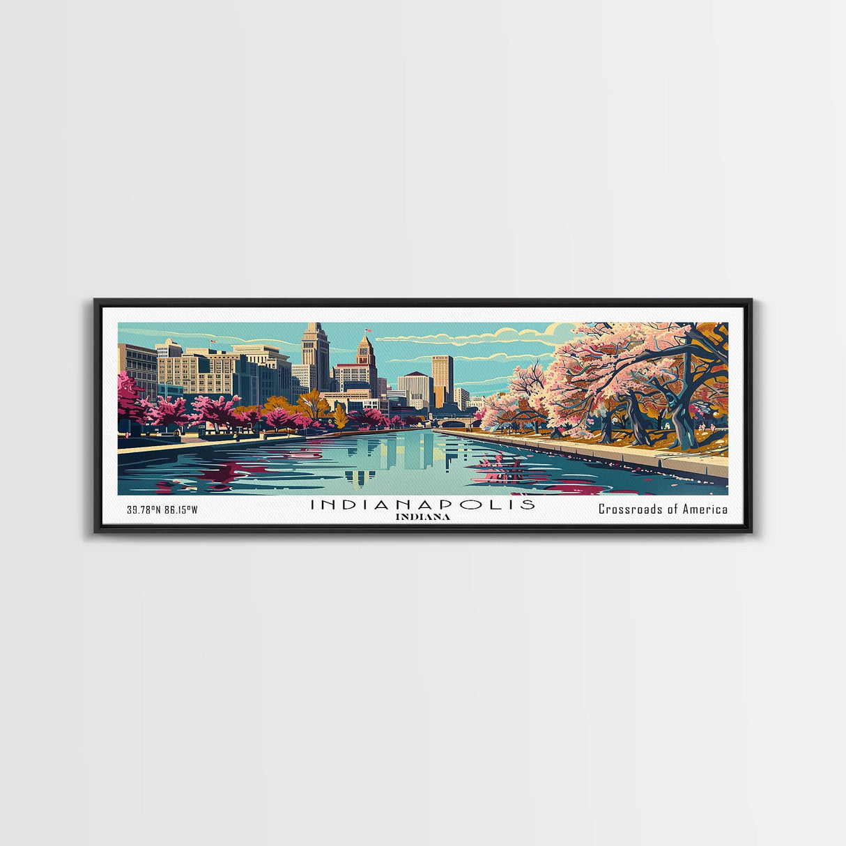 Indianapolis Indiana Panoramic Painting, Framed Canvas Print, Mid Century Modern Wall Art, Retro Pop Art Travel Poster, Cityscape Decor, Living Room Art, Office Wall Art