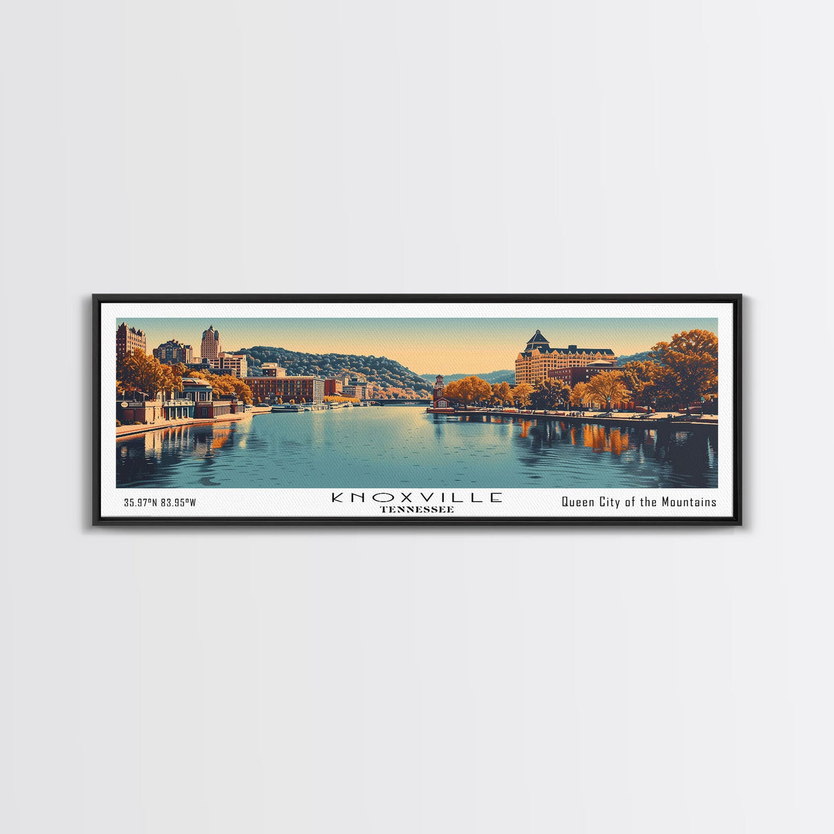 Knoxville Tennessee Panoramic Painting, Framed Canvas Print, Mid Century Modern Wall Art, Retro Pop Art Travel Poster, Cityscape Decor, Living Room Art, Office Wall Art