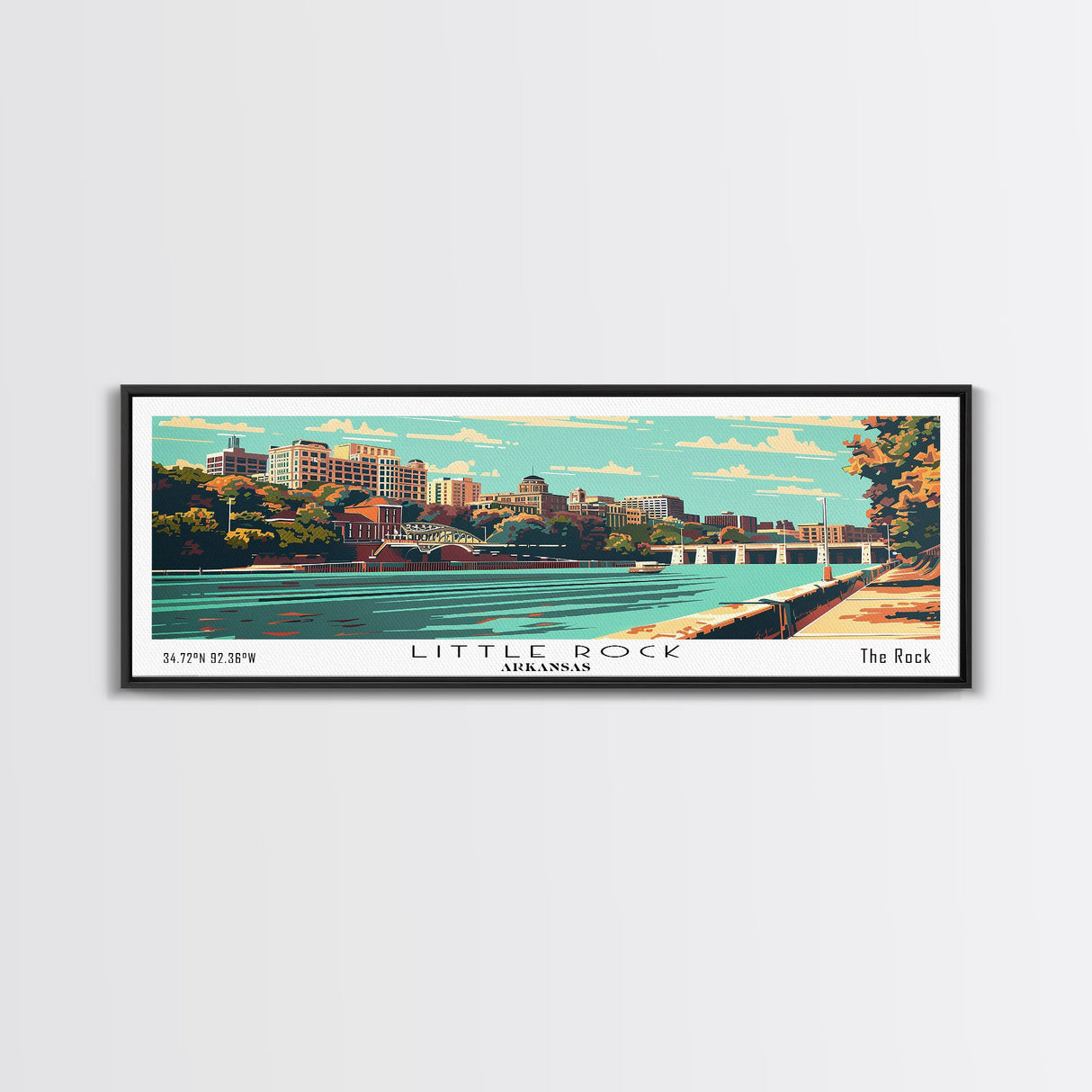 Little Rock Arkansas Panoramic View, Mid Century Modern Framed Canvas Print, Retro Pop Art Travel Poster, Office Decor, Cityscape Art